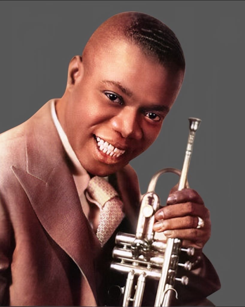 An enhanced and colorized photographic cutout of Louis Armstrong with very close cropped haircut holding his trumpet upright in his left hand on his knee (out of frame).