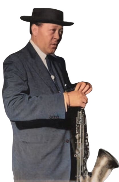 A colorized cutout photograph of Lester Young holding his saxophone down by his side facing to right and wearing his classic pork pie hat.