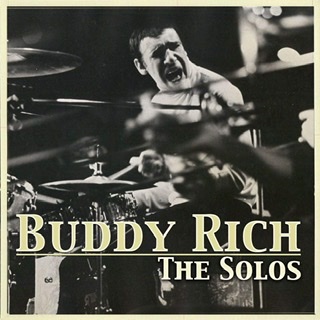The album cover for Buddy Rich's "The Solos" from 1976–77 with Rich facing left on drum stool pounding drums with mouth wide open.