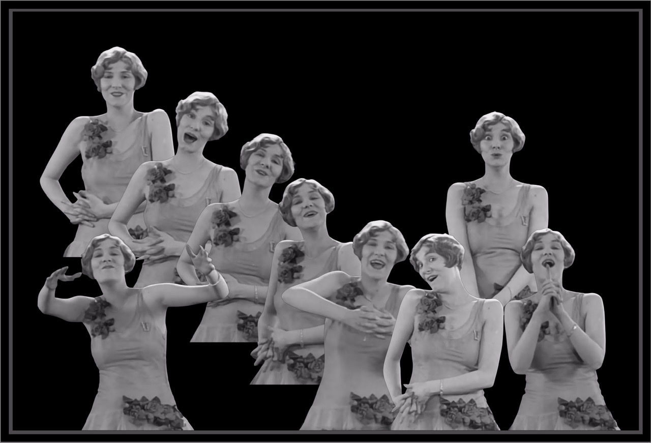 Nine cutouts splayed across the image mostly diagonally down from upper left to lower right using screen captures from film "Marion Harris, Songbird of Jazz" (1928).