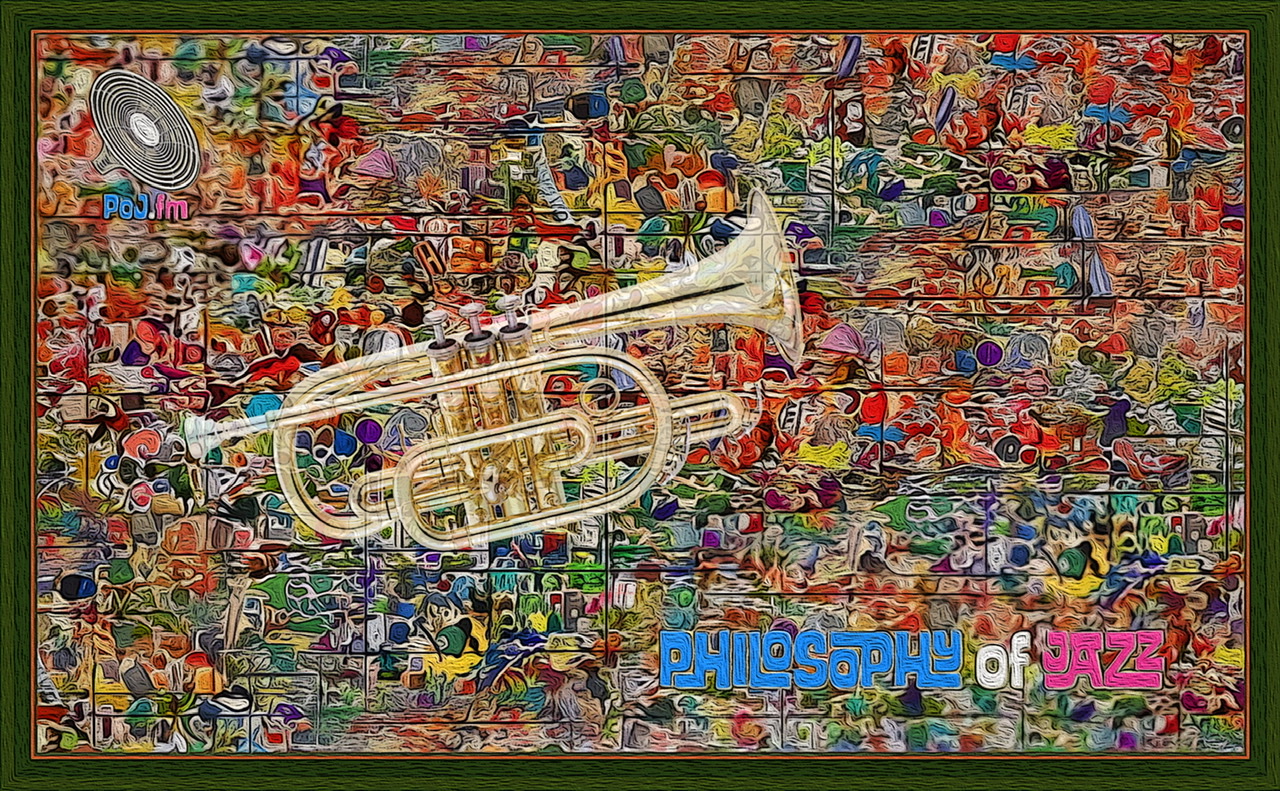 A framed multi-colored abstract painting with PoJ.fm logos and a translucent golden trumpet on left side.