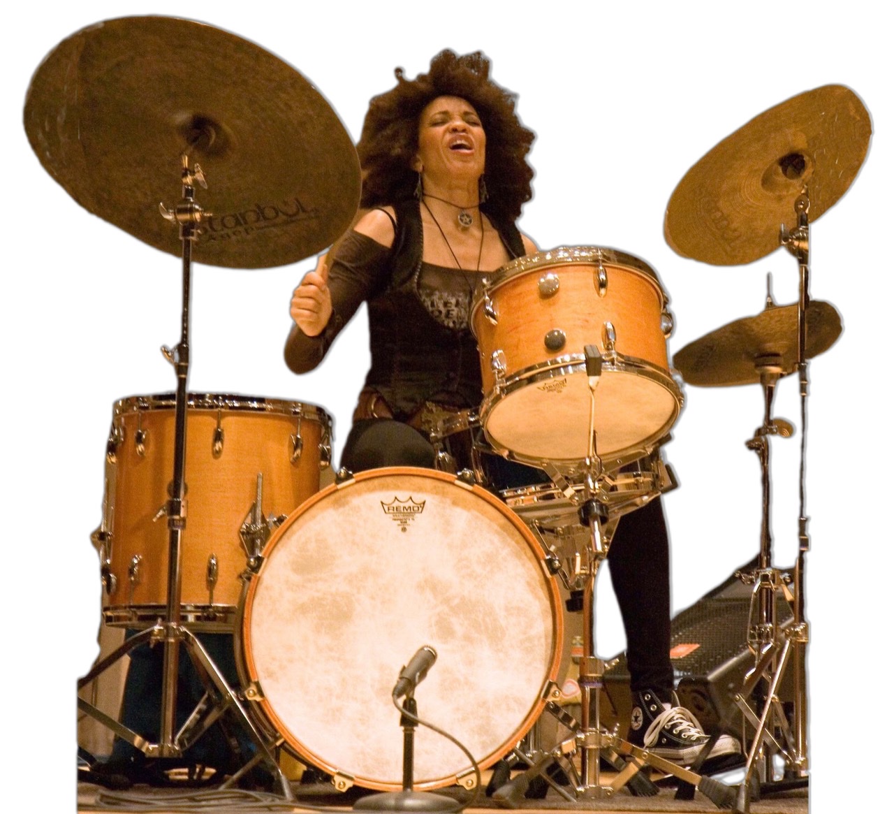 Cindy Blackman Santana looking ferociously powerful pounding on her drum kit.