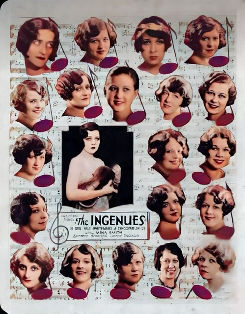 A composite of headshots of all of members of The Ingenues along with a photographic insert of violinist Mina Smith.