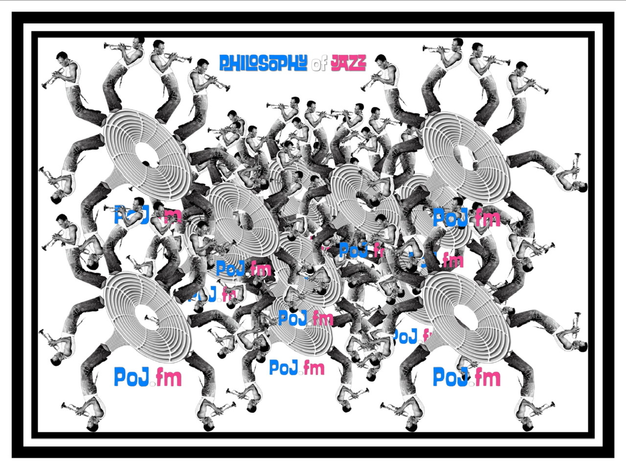 A composite of the iconic Miles Davis slouching posture while playing trumpet.