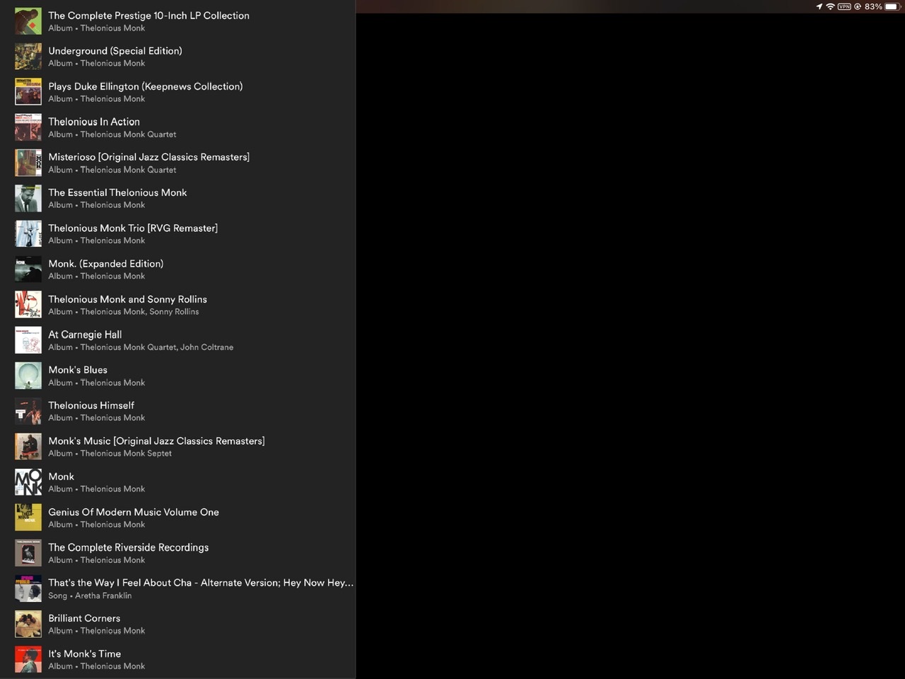 The Thelonious Monk discography with one column of album covers and titles pictured on a black background at Spotify.com.