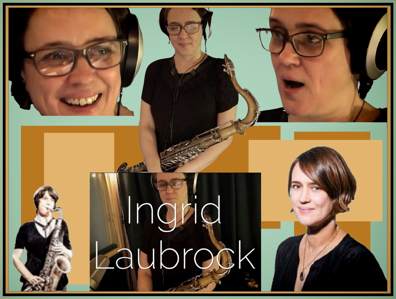 A composite of six color photographic cutouts of Ingrid Laubrock.