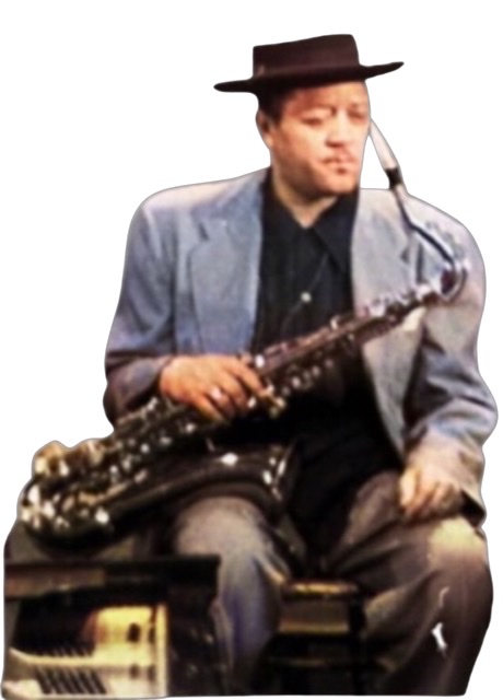 An enhanced and colorized detailed photographic cutout of Lester Young holding his saxophone sideways on his right thigh.