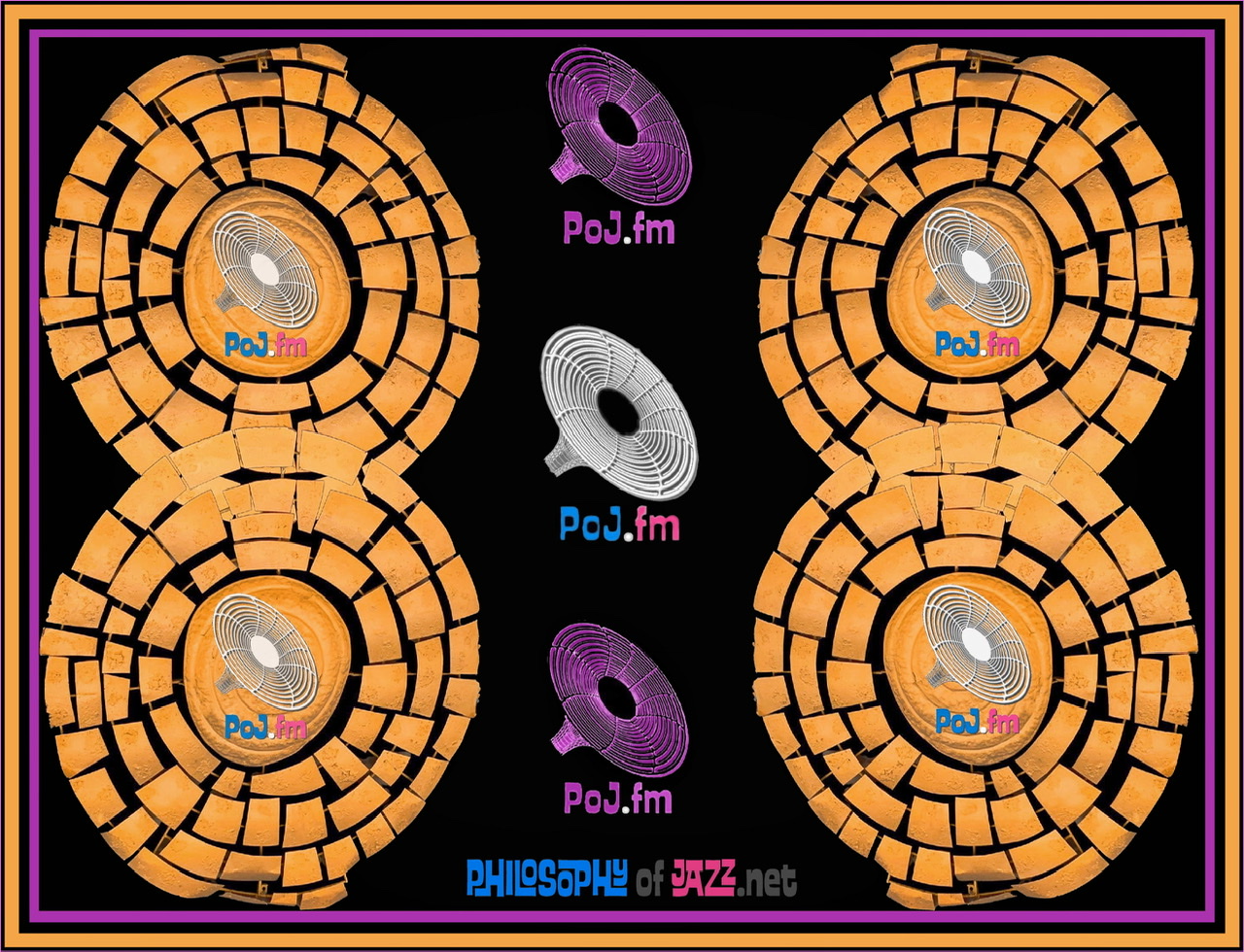 A framed photograph of four identical yellow radial sculptor pieces in different orientations in the four quadrants with three central vertical PoJ.fm logos in middle with two purple colored ones surrounding a white one in the middle.