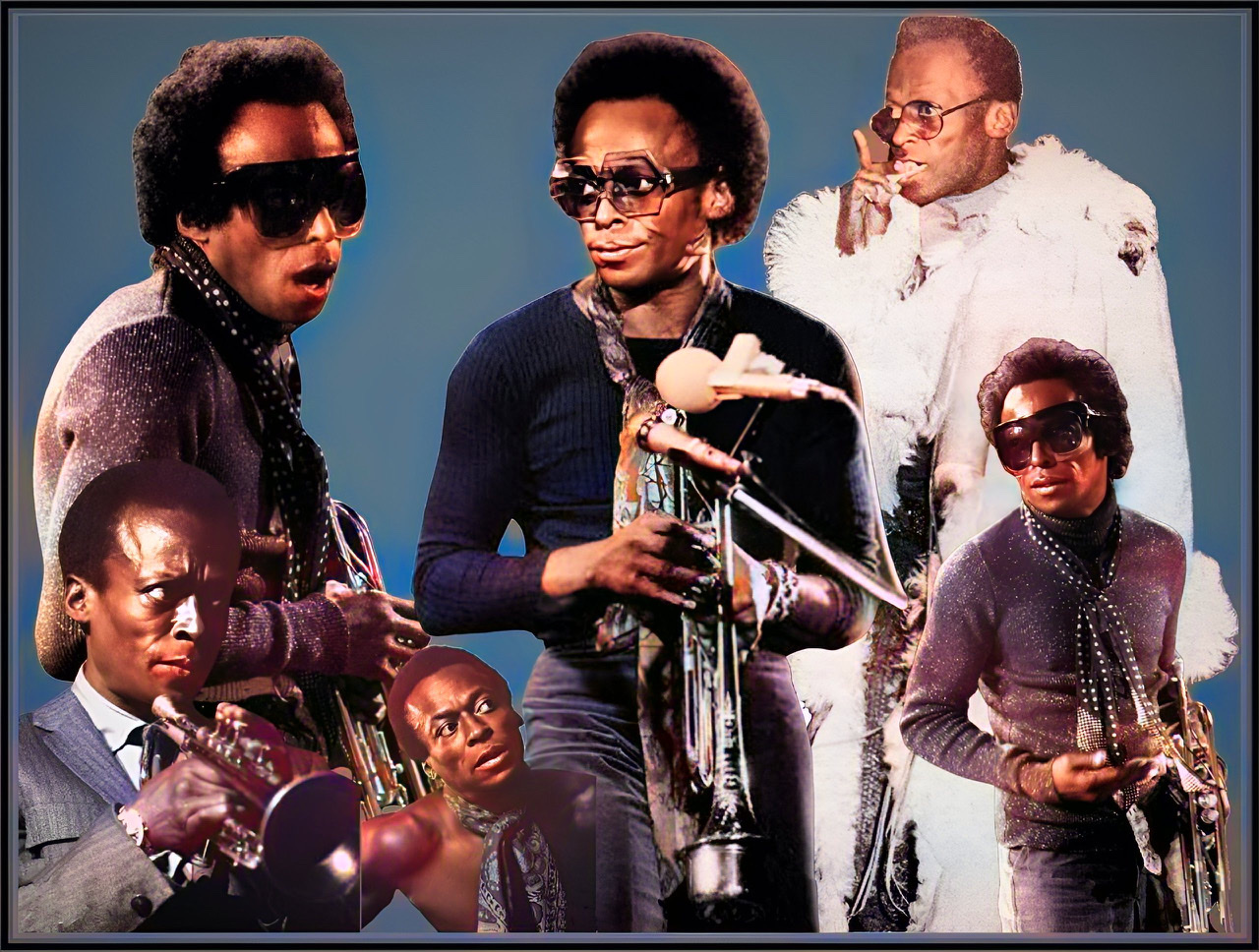 An enhanced  composite of six color photographic cutouts of Miles Davis on a bluish background with a variety of expressions on his face.