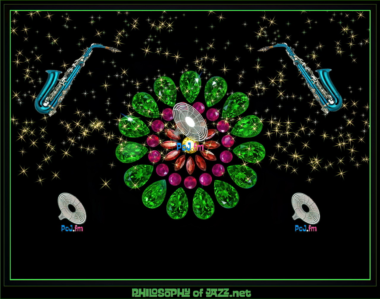 A green framed graphic of circles of colorful precious stones with two mirror image blue saxophones above and on either side with PoJ.fm logos on a black background with sparkly firework ember stars floating down from above.