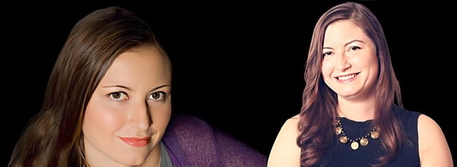 A color photographic diptych of two headshots of Carmen Staaf.