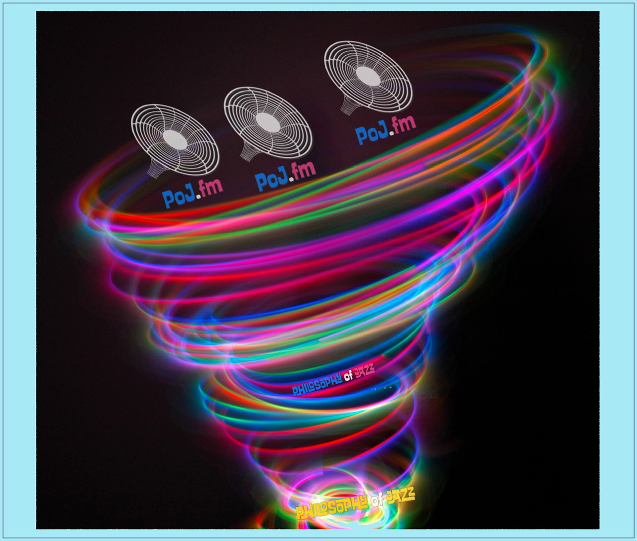 A tornado made of colorful neon with three same PoJ.fm logos at the top of the tornado.