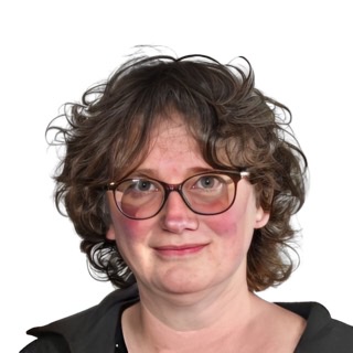 An enhanced color photograph of a headshot of Justine Kingsbury wearing glasses.