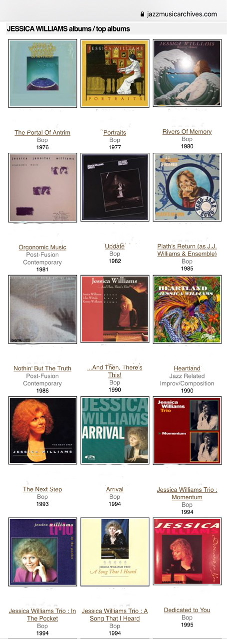 A collage of album cover from the recordings of Jessica Williams.