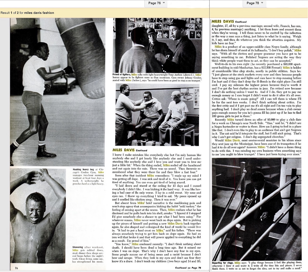 Pages 76 and 78 of the article in the January 1961 Ebony magazine of "Miles Davis: Evil Genius of Jazz."