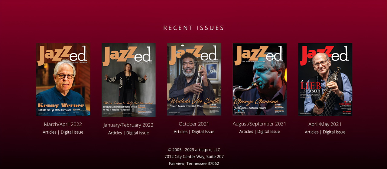 Five color covers of JazzEd magazine from April 2021 to April 2022.