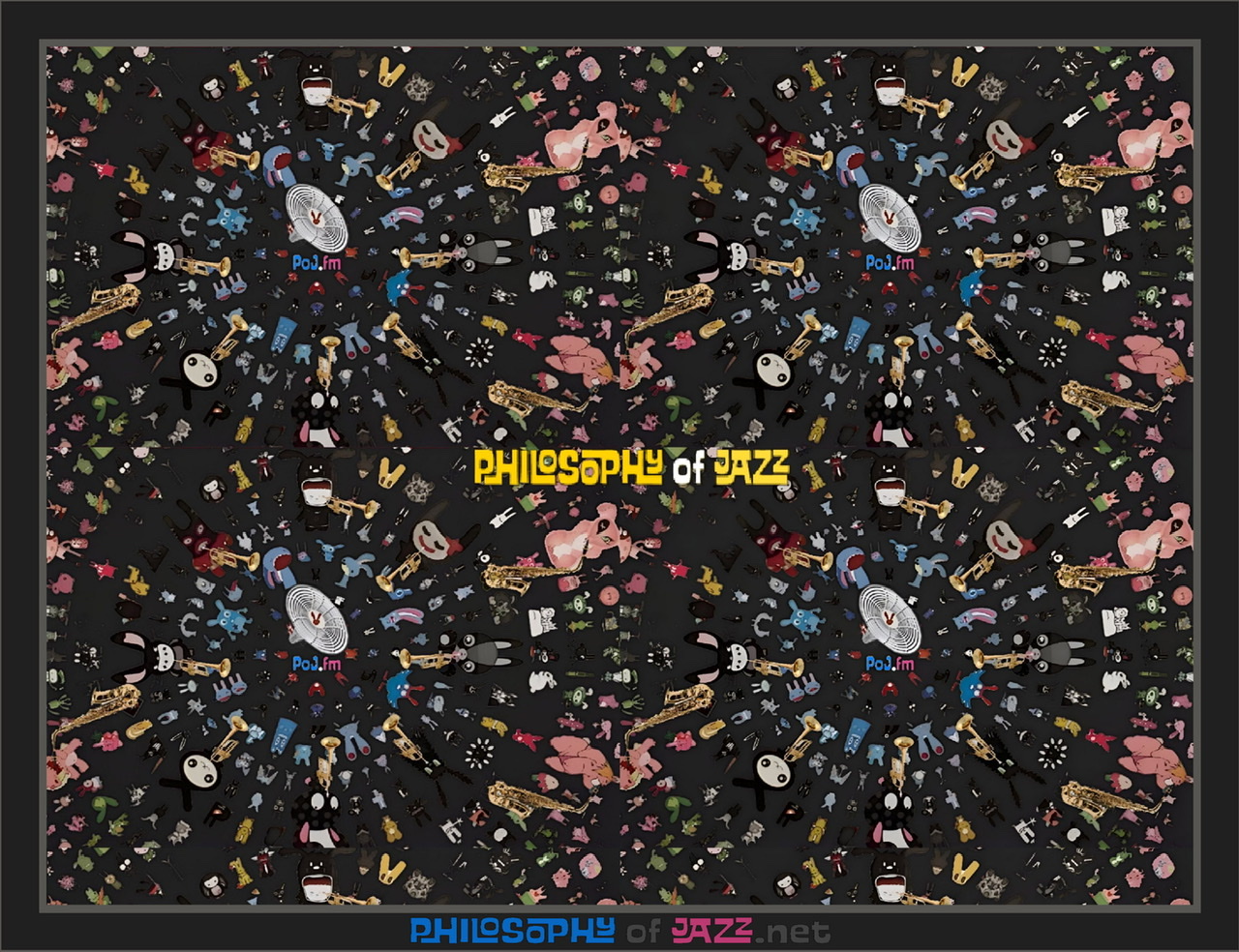 A neon yellow green framed graphic merging four PoJKoreanArtSaxes with the interior displaying four quadrants of Korean styled cartoon-like animals on a blackish background arranged in expanding concentric circles with them playing added musical instruments of trumpets and saxophones with a centered PoJ.fm logo in each quadrants.