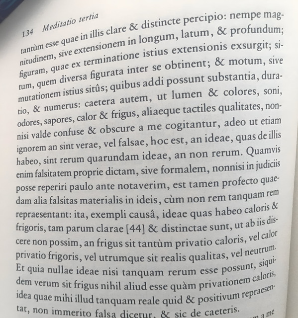 A photograph of Latin text of Descartes's Third Meditation on ideas properly speaking.