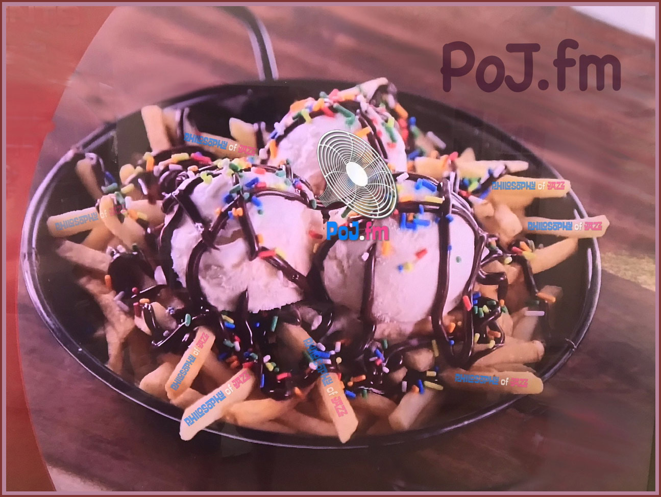 A color photograph of a hot fudge sundae surrounded by French fries that say "Philosophy of Jazz" on each fry with PoJ.fm logos added.