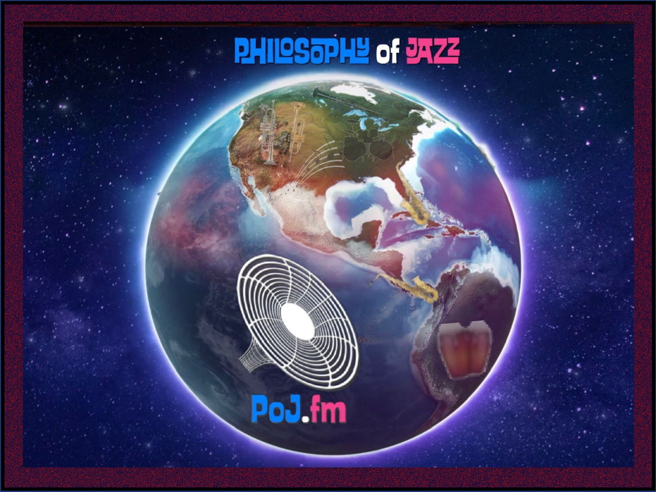 A photograph of the planet Earth 🌎 of North America and part of South America with PoJ.fm logos.