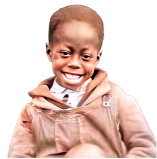 An enhanced and colorized photographic cutout of a smiling Louis Armstrong as a young boy.